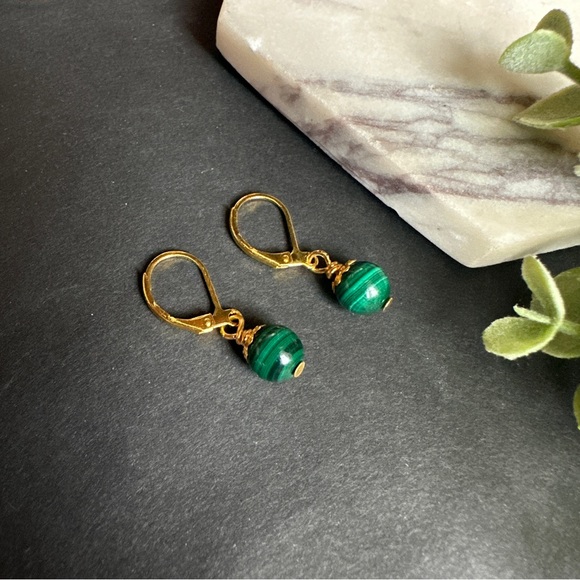 Malachite Earrings Dangle/Drop Green Stone Lever back Crystal Earrings - Picture 4 of 6